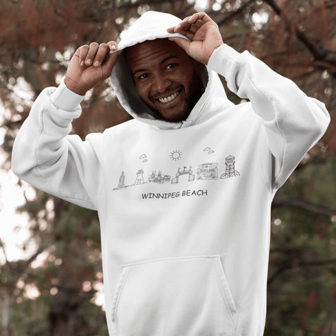 Show off your lake town pride with this cozy Winnipeg Beach Landmark Doodle Hoodie. Featuring a charming, hand-drawn skyline of iconic Winnipeg Beach sights.